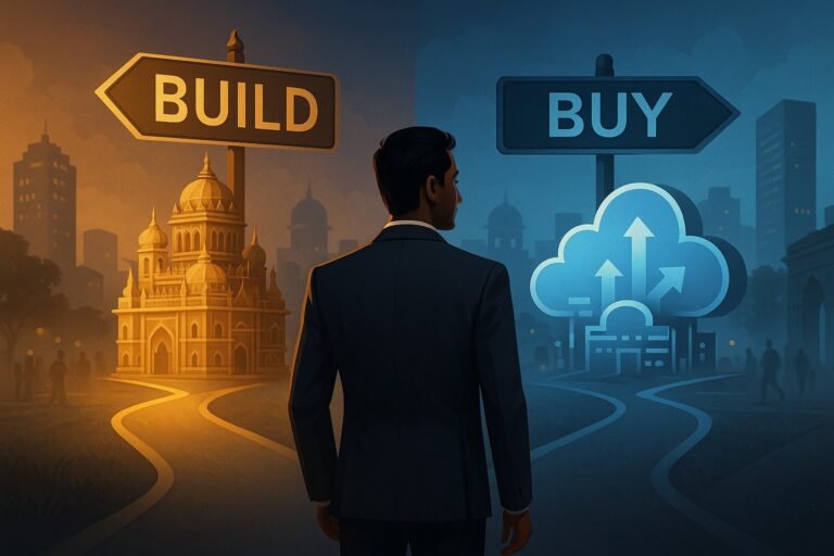 Executive facing a build vs buy software decision at a fork with Build and Buy signposts