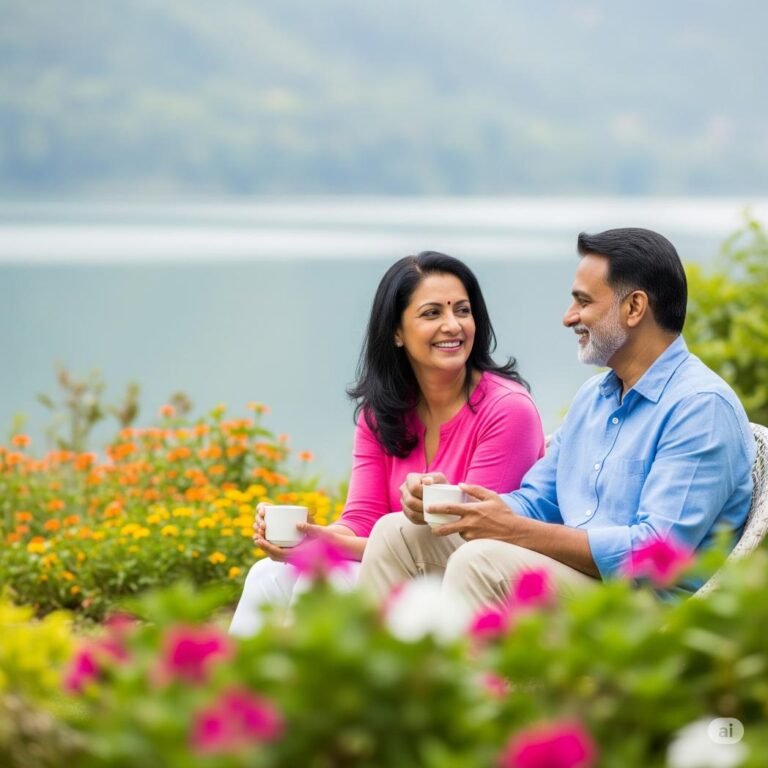Couple sitting outdoors with cups of tea, early retirement planning in India