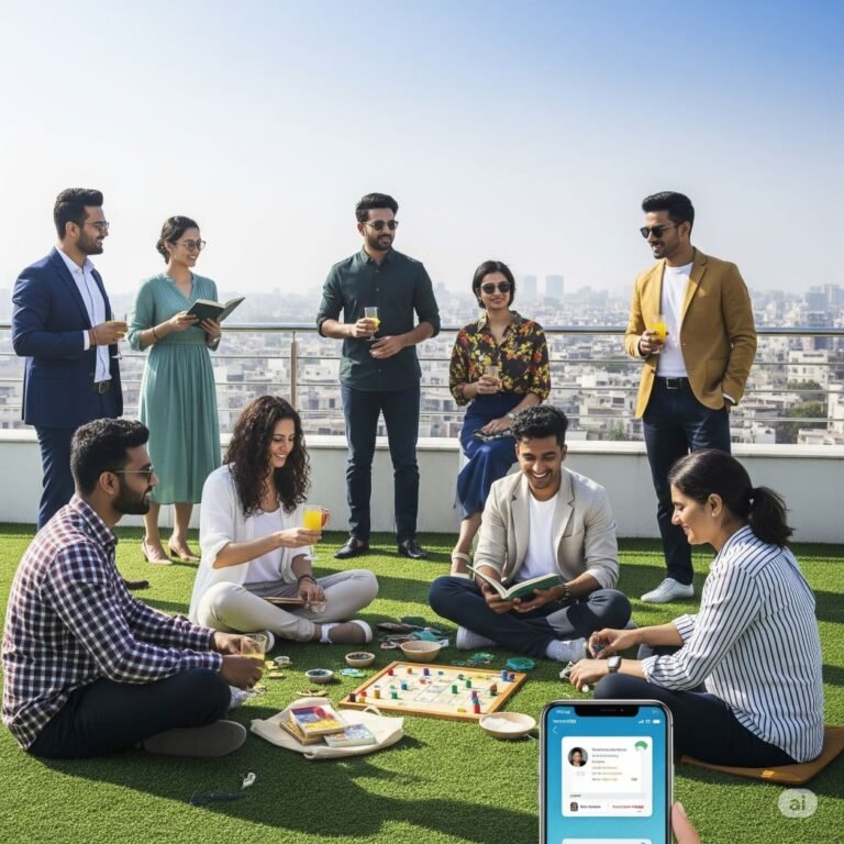 Young professionals relaxing on a rooftop lawn, the kind of life geo-arbitrage FIRE aims for