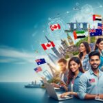 Young Indian tech professionals with international flags and landmarks symbolizing global career opportunities.