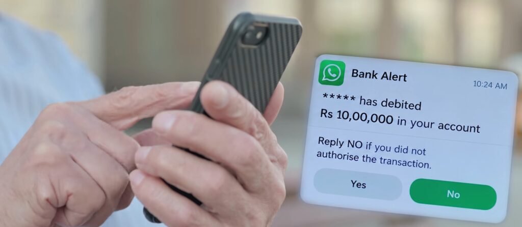 Fake WhatsApp bank alert saying Rs 10,00,000 debited with a Reply NO button, part of the WhatsApp bank alert scam