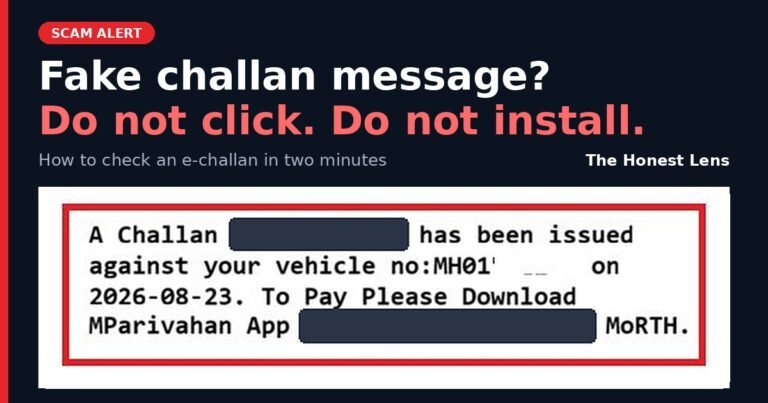Fake challan message on a phone asking the owner to install the mParivahan fake app from a shortened link