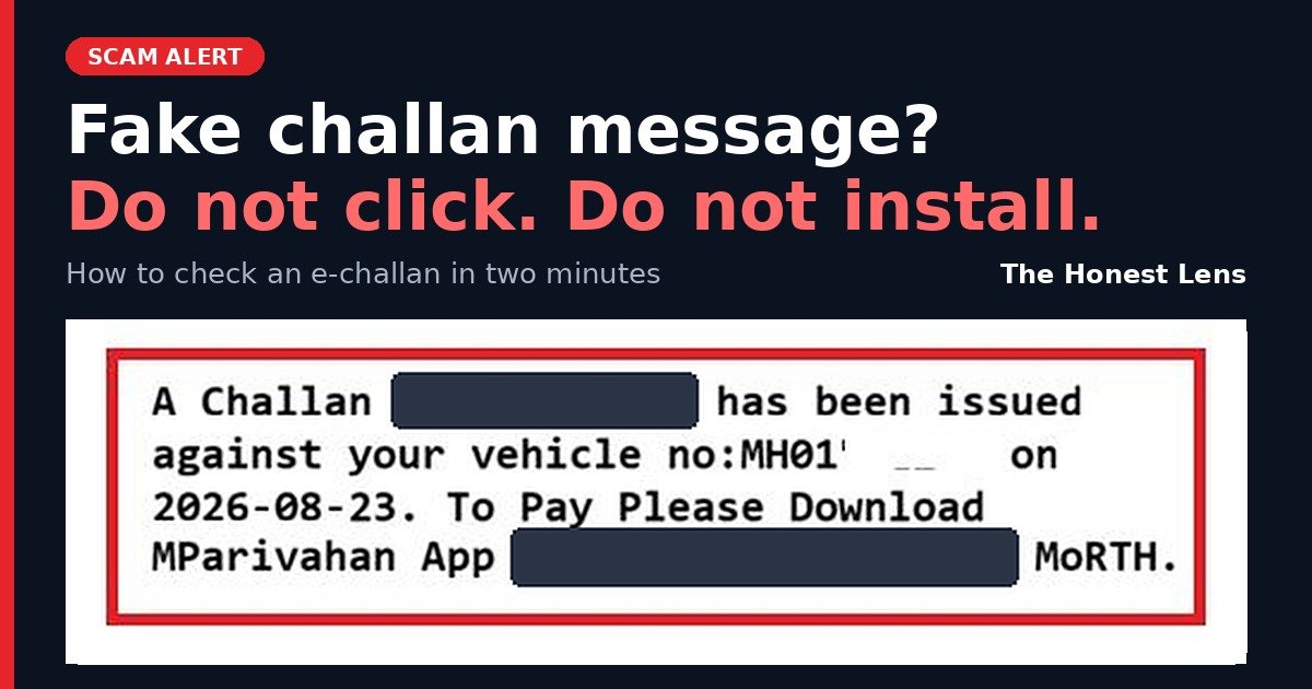 Fake challan message on a phone asking the owner to install the mParivahan fake app from a shortened link