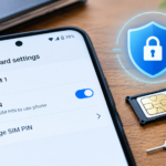 Illustration of SIM card lock settings with a SIM PIN toggle, a SIM tray and a shield icon