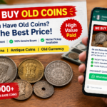 Illustration of a fake we buy old coins ad and WhatsApp message used in the old coin buyer scam India