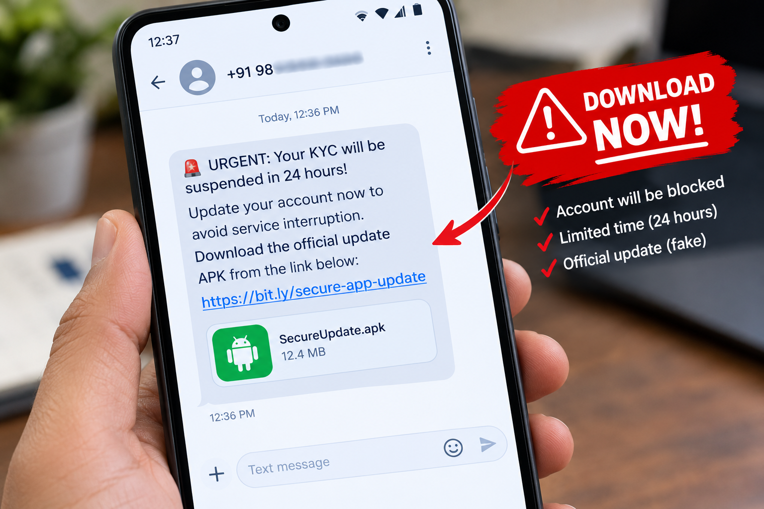 Illustration of a fake urgent SMS pushing an APK download, typical of an electricity bill APK scam India