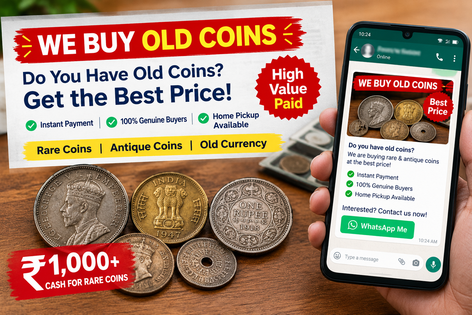 Illustration of a fake we buy old coins ad and WhatsApp message used in the old coin buyer scam India